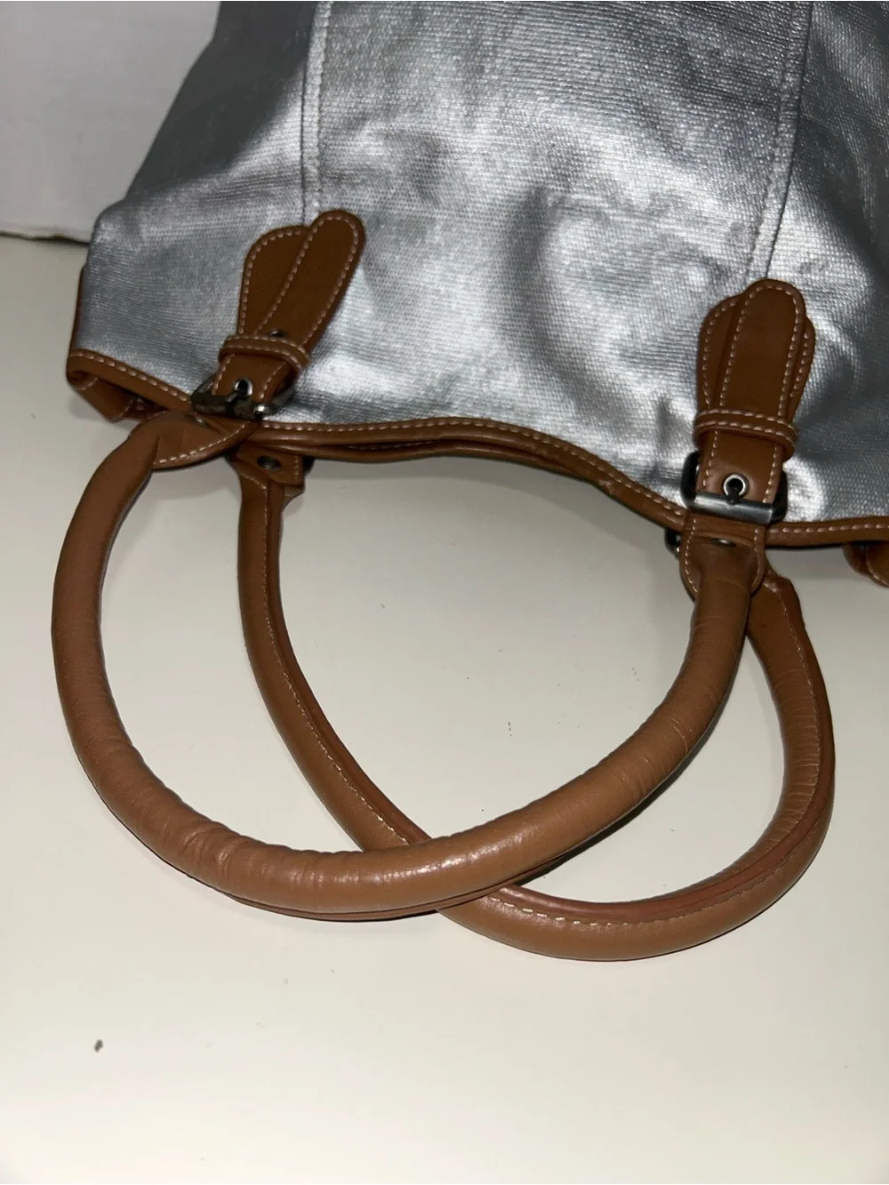 Boden Silver Metallic Coated Corton Tan Leather Tote Shoulder Bag
